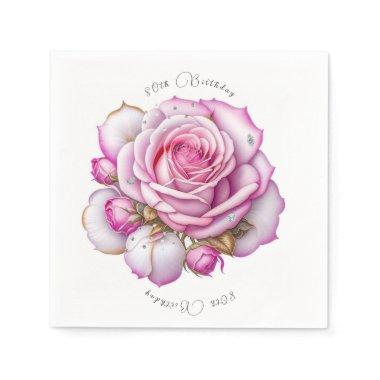 80th Birthday Pink Roses and Sparkling Diamonds Napkins