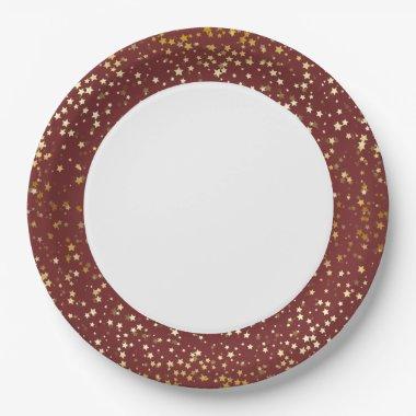 9" Paper Plates-Golden Stars Burgundy Paper Plates