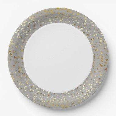 9" Paper Plates-Golden Stars Silver-Grey Paper Plates