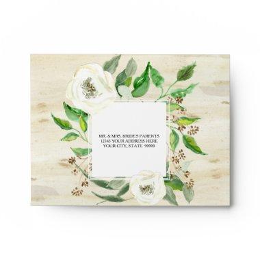 A2 RSVP Return Address Note Leaves Roses Wooden Envelope