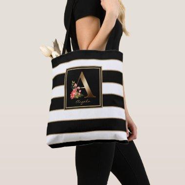 A Gold Floral Monogram | Black White Gold Stripes Tote Bag