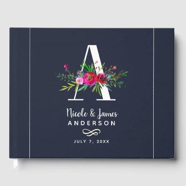 A Letter Initial Monogram Floral Name Wedding Guest Book