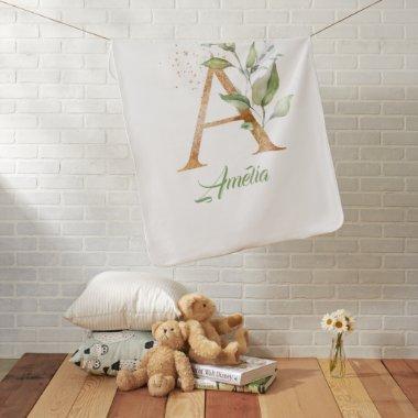 A monogram greenery eucalyptus gold glitter baby blanket