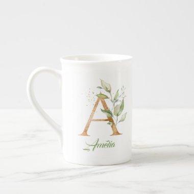 A monogram greenery eucalyptus gold glitter bone china mug