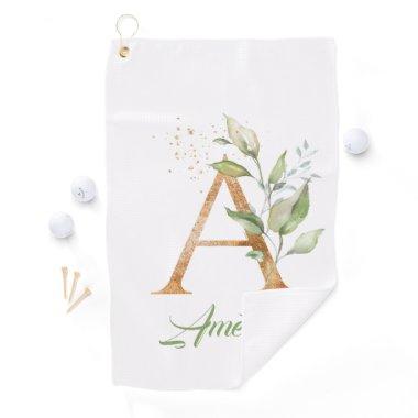 A monogram greenery eucalyptus gold glitter golf towel