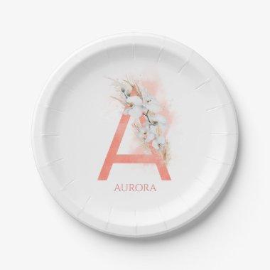 A Monogram Name Pampas Grass White Orchids Paper Plates