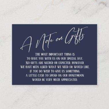 A Note on Gifts Modern Handwriting Navy Blue Enclosure Invitations