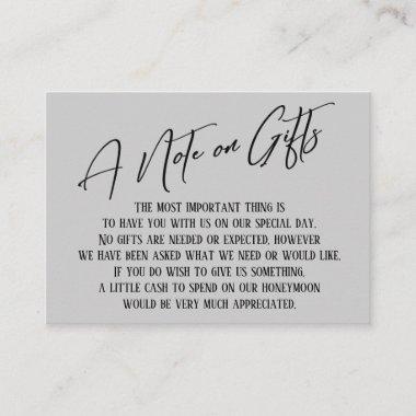 A Note on Gifts Modern Handwriting Wedding Gray Enclosure Invitations