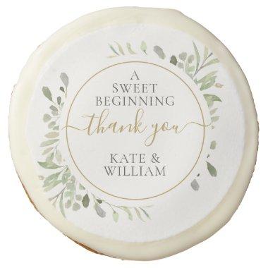 A Sweet Beginning Gold Thank You Greenery Wedding Sugar Cookie