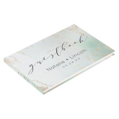 Abstract Aqua Ombre Fade with Frosted Gold Glitter Guest Book