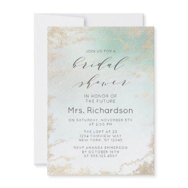 Abstract Aqua Ombre Fade with Frosted Gold Glitter