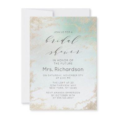 Abstract Aqua Ombre Fade with Frosted Gold Glitter Invitations