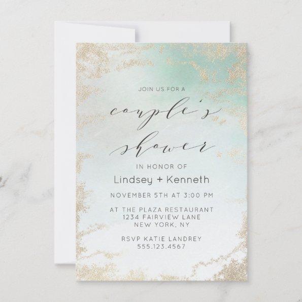 Abstract Aqua Ombre Fade with Frosted Gold Glitter Invitations