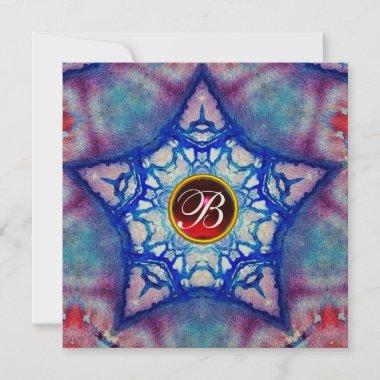 ABSTRACT BLUE STAR RED RUBY GEM STONE MONOGRAM Invitations