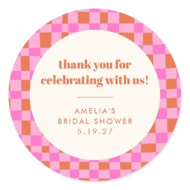 Abstract Checker Pink Custom Bridal Shower Thank Classic Round Sticker