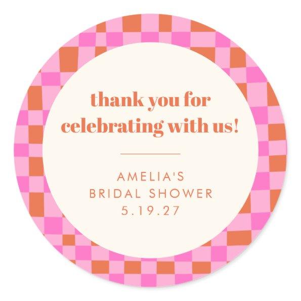 Abstract Checker Pink Custom Bridal Shower Thank Classic Round Sticker