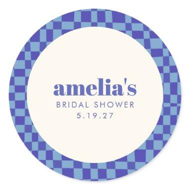 Abstract Checkerboard Blue Custom Bridal Shower Classic Round Sticker