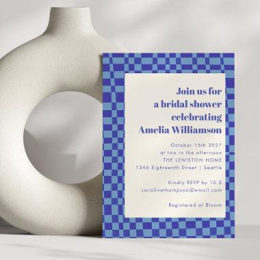 Abstract Checkered Art Blue Retro Bridal Shower Invitations