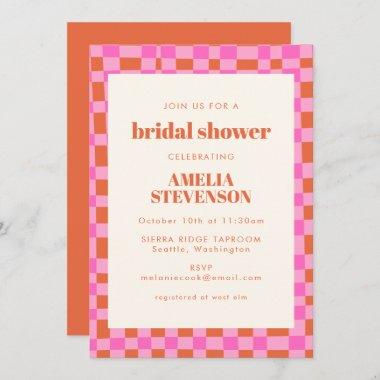 Abstract Checkered Art Pink Orange Bridal Shower Invitations