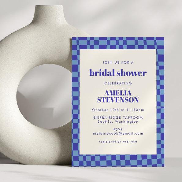Abstract Checkered Retro Blue Bridal Shower Invitations