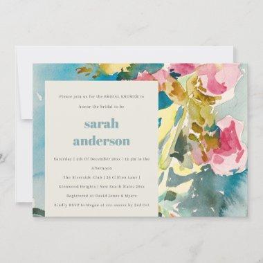 Abstract Chic Bold Pink Blue Floral Bridal Shower Invitations