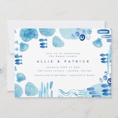 Abstract Ocean Blue Seashell Couples Bridal Shower Invitations