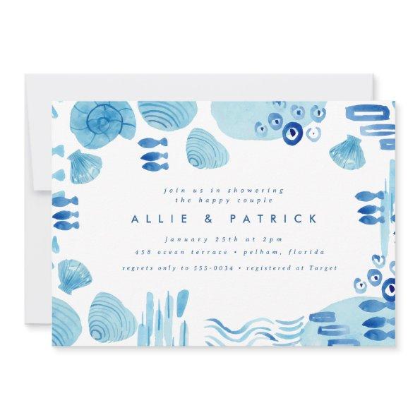 Abstract Ocean Blue Seashell Couples Bridal Shower Invitations