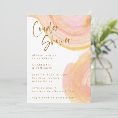 Abstract Peach Pink Paint Swirl Couples Shower Invitations