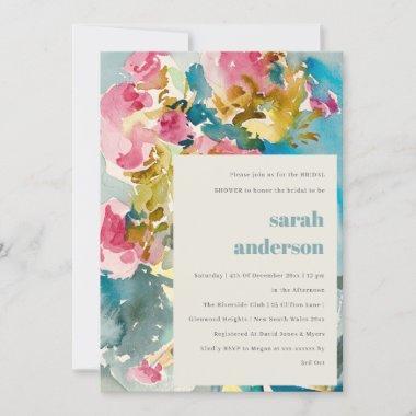Abstract Pink Blue Watercolor Flora Bridal Shower Invitations
