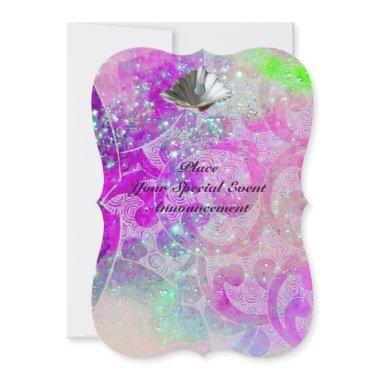 ABSTRACT PURPLE PINK WAVES SEASHELLS ,BLUE RIBBON Invitations