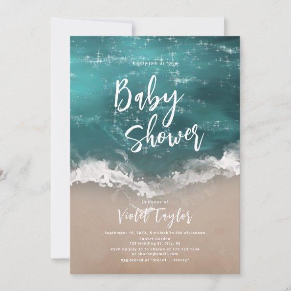 Abstract sparkling moody ocean beach Baby Shower Invitations