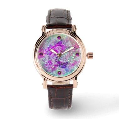 ABSTRACT TEAL BLUE,PINK WAVES,SPARKLES,PURPLE GEM WATCH