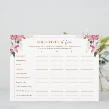 Adjectives of Love List Pink Bridal Shower Game Invitations