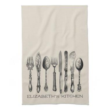 Adorable Vintage Silverware and Name Kitchen Towel