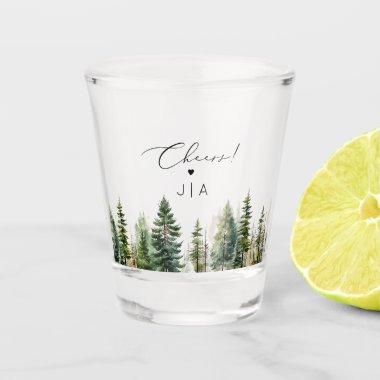 Adventure awaits forest pine trees wedding shot glass