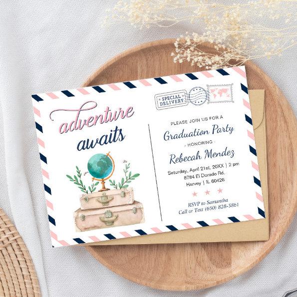 Adventure Awaits Travel Graduation Party Navy Pink Invitations