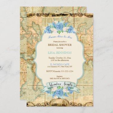 Adventure Awaits Vintage World Map Blue Hydrangeas Invitations