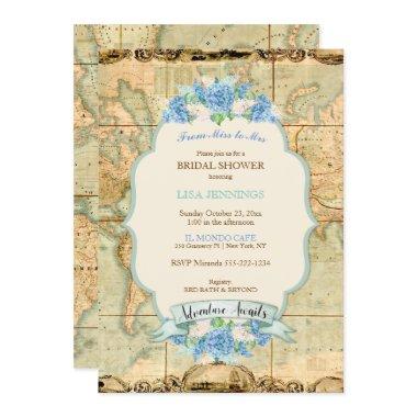 Adventure Awaits Vintage World Map Blue Hydrangeas Invitations