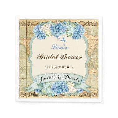 Adventure Awaits Vintage World Map Blue Hydrangeas Napkins