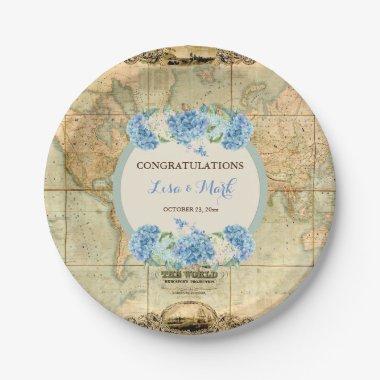 Adventure Awaits Vintage World Map Blue Hydrangeas Paper Plates