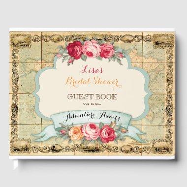 Adventure Awaits Vintage World Map Roses Guest Book