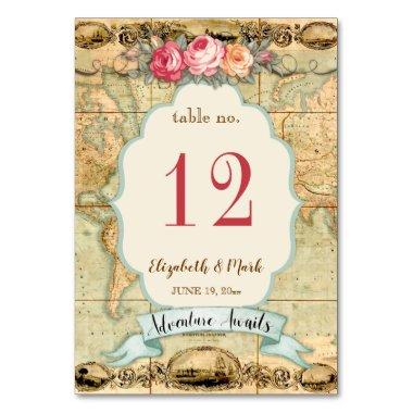 Adventure Awaits Vintage World Map Roses Table Number