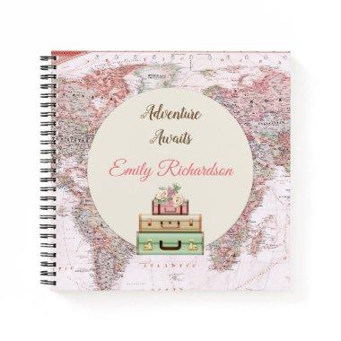 Adventure Awaits World Travel Map Pink Ivory Roses Notebook