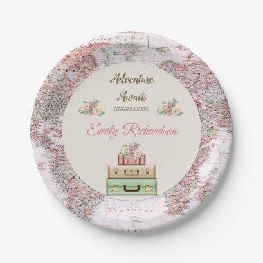 Adventure Awaits World Travel Map Pink Ivory Roses Paper Plates
