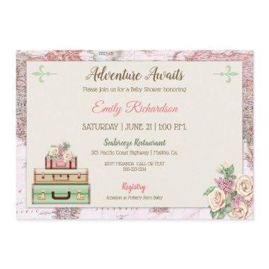 Adventure Awaits World Travel Pink Mint Floral Invitations