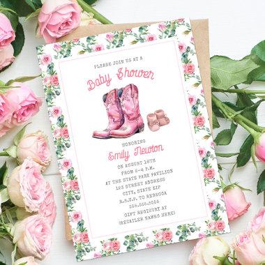 Adventure Begins Pink Boots Floral Invitations