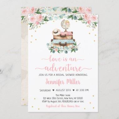 Adventure Pink Gold Floral Travel Bridal Shower In Invitations