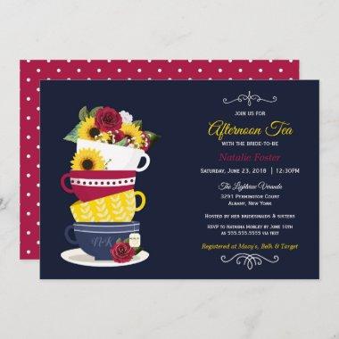 Afternoon Tea Bridal Shower Navy Roses Sunflowers Invitations