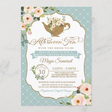 Afternoon Tea Turquoise Blue Floral Bridal Shower Invitations