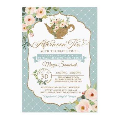 Afternoon Tea Turquoise Blue Floral Bridal Shower Invitations